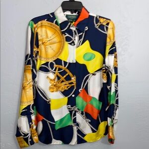 Vintage Lauren Ralph Lauren Nautical Silk Button Blouse Shirt 10P - Multicolor